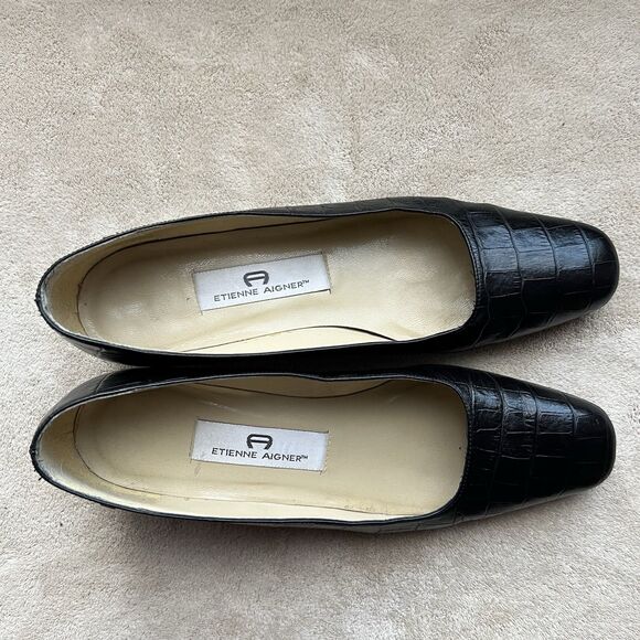 Etienne Aigner Black Croc Embossed Leather Block Heel Pumps Women 7N Narrow - Picture 6 of 16